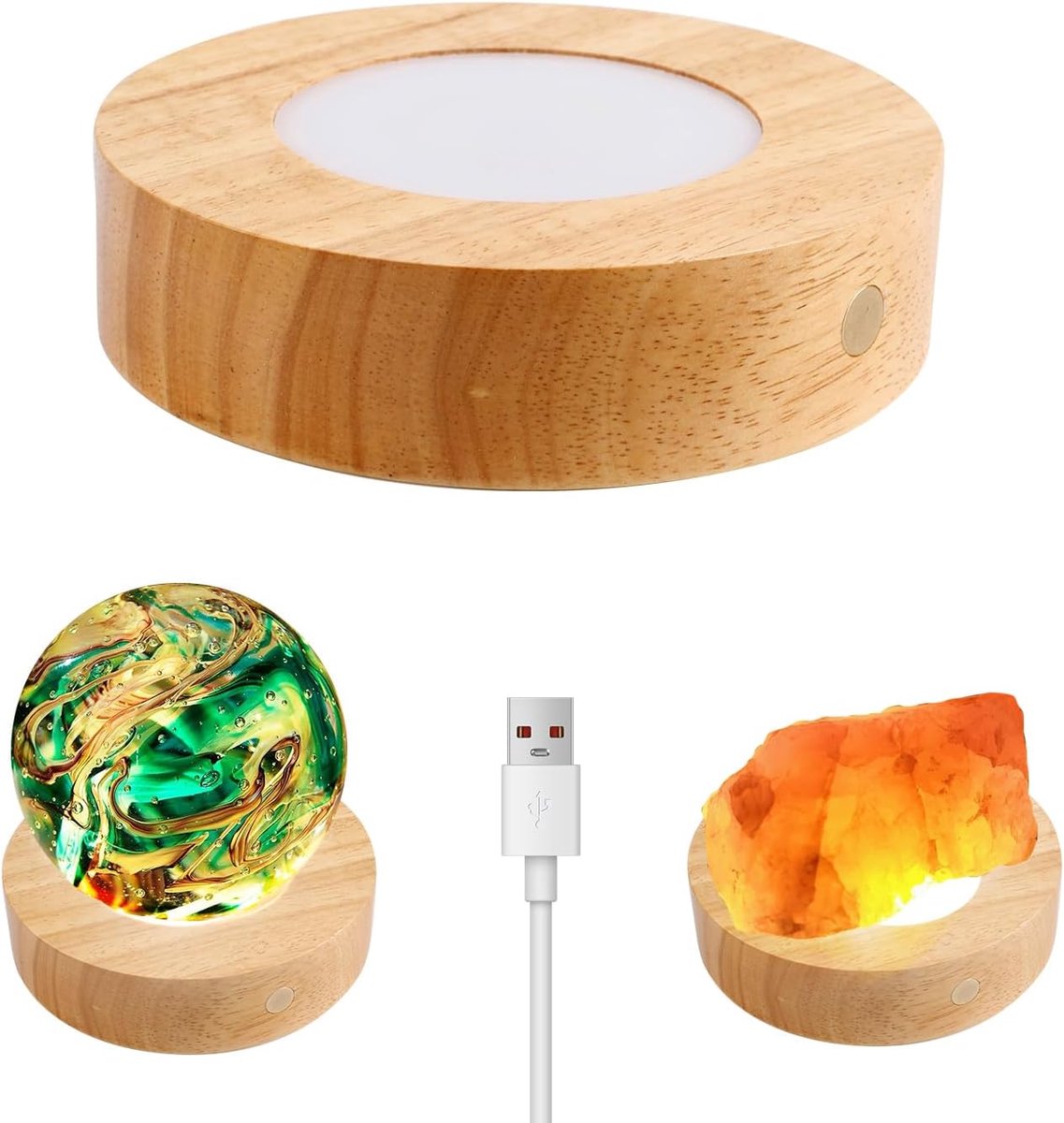 lichtbasis, 12 cm houten lichtbasis met aanraakdimmer en 3 lichtmodi, kristaldisplaybasis, houten basis licht ronde lichtbasis voor kristalglas hars kunst acryl (hout, 1 stuk)