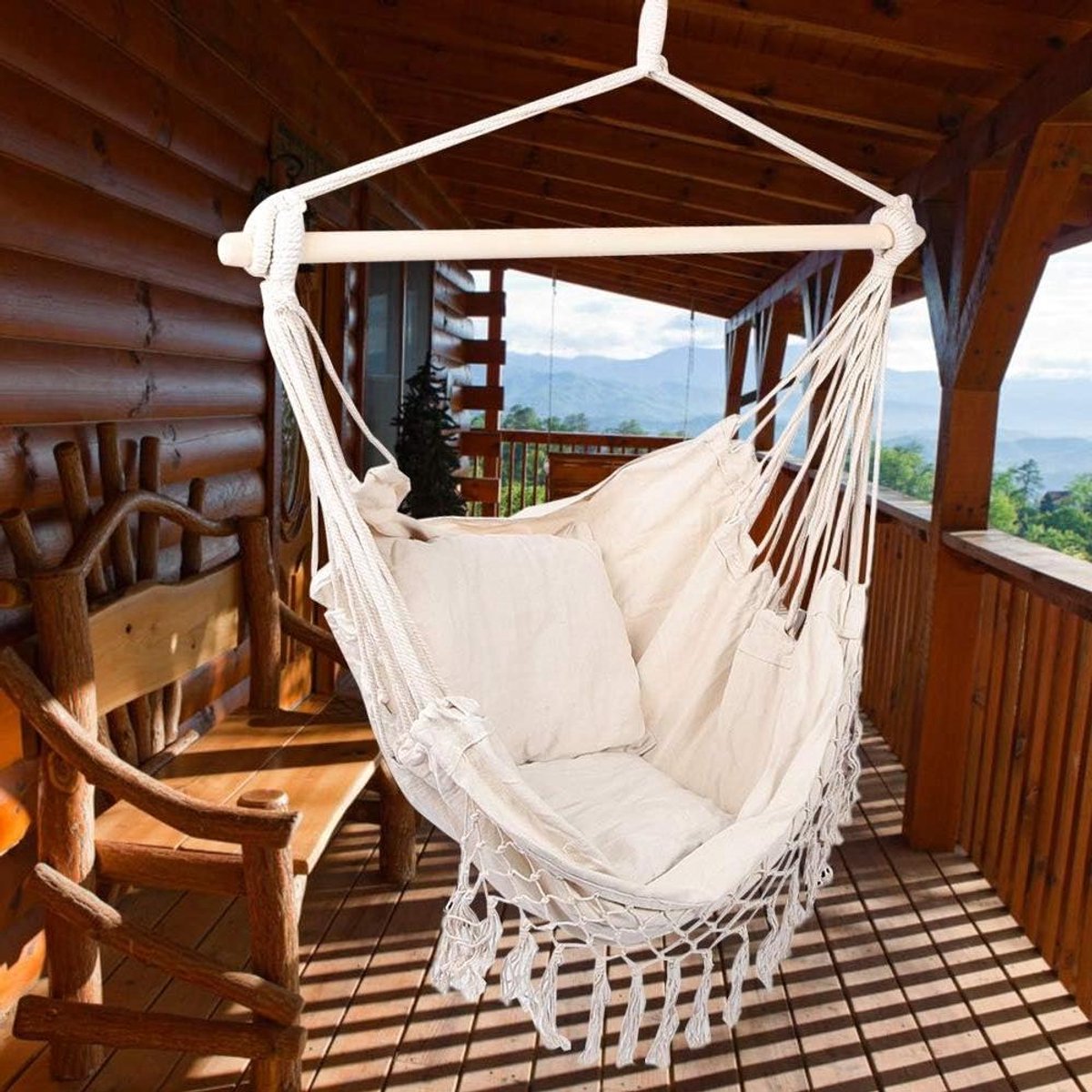 Hangstoel - Schommelzitje Hangmatstoel - Ontspannen in de tuin - Halterstang voor gewichtsverdeling - 100 x 130 cm - Wit
