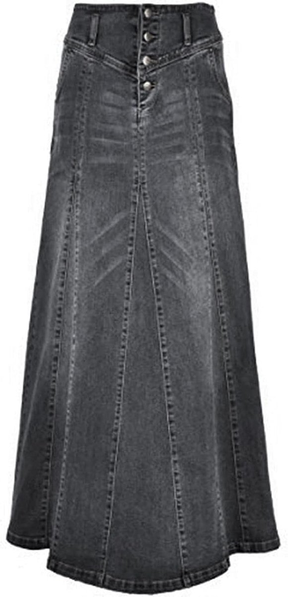 Spijkerrok, voor dames, lange denim rok, met retro knoopsluiting aan