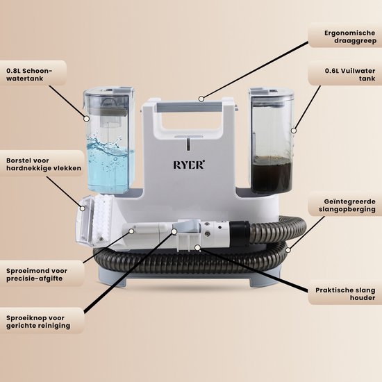 RYER vlekkenreiniger met 0.8L schoonwatertank en 0.6L vuilwatertank. Ergonomische greep, precisie sproeimond en borstel.