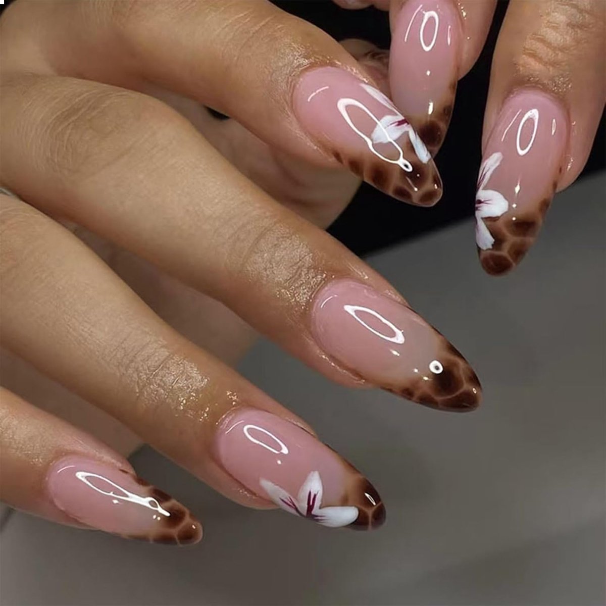 24 stuks press-on nagels medium mandarijn Franse tip valse nagels valse nagels met design witte bloem luipaardpatroon cheetahpatroon nagels
