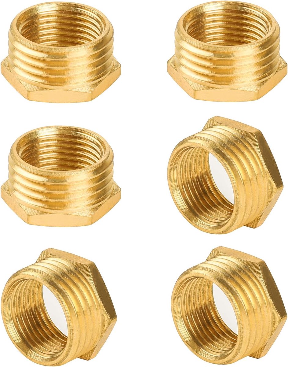PRO Messing verloopstuk G1/2 inch naar G3/8 inch (AG Ø20 mm x IG Ø 13,5 mm), reductie schroefdraadfitting G1/2 inch buitendraad X G3/8 inch binnendraad, met PTFE afdichtingstape, 6 stuks