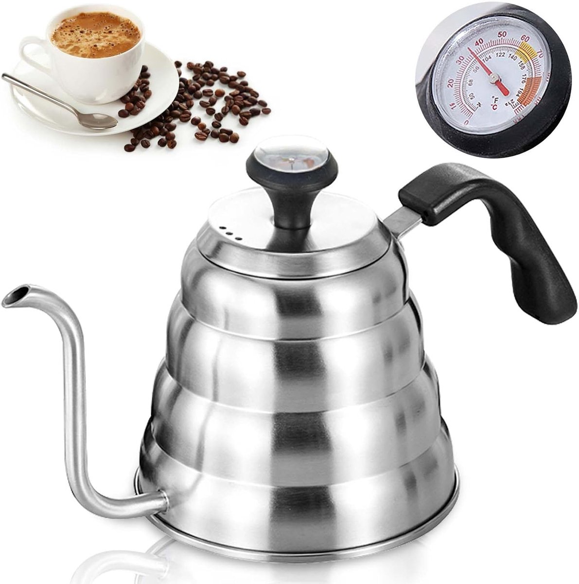SnelShoppen - Gooseneck Waterkoker 1200 ml RVS, Koffiekan met Thermometer, Duurzaam en Makkelijk schoon te maken, Voor alle warmtebronnen, Perfect voo