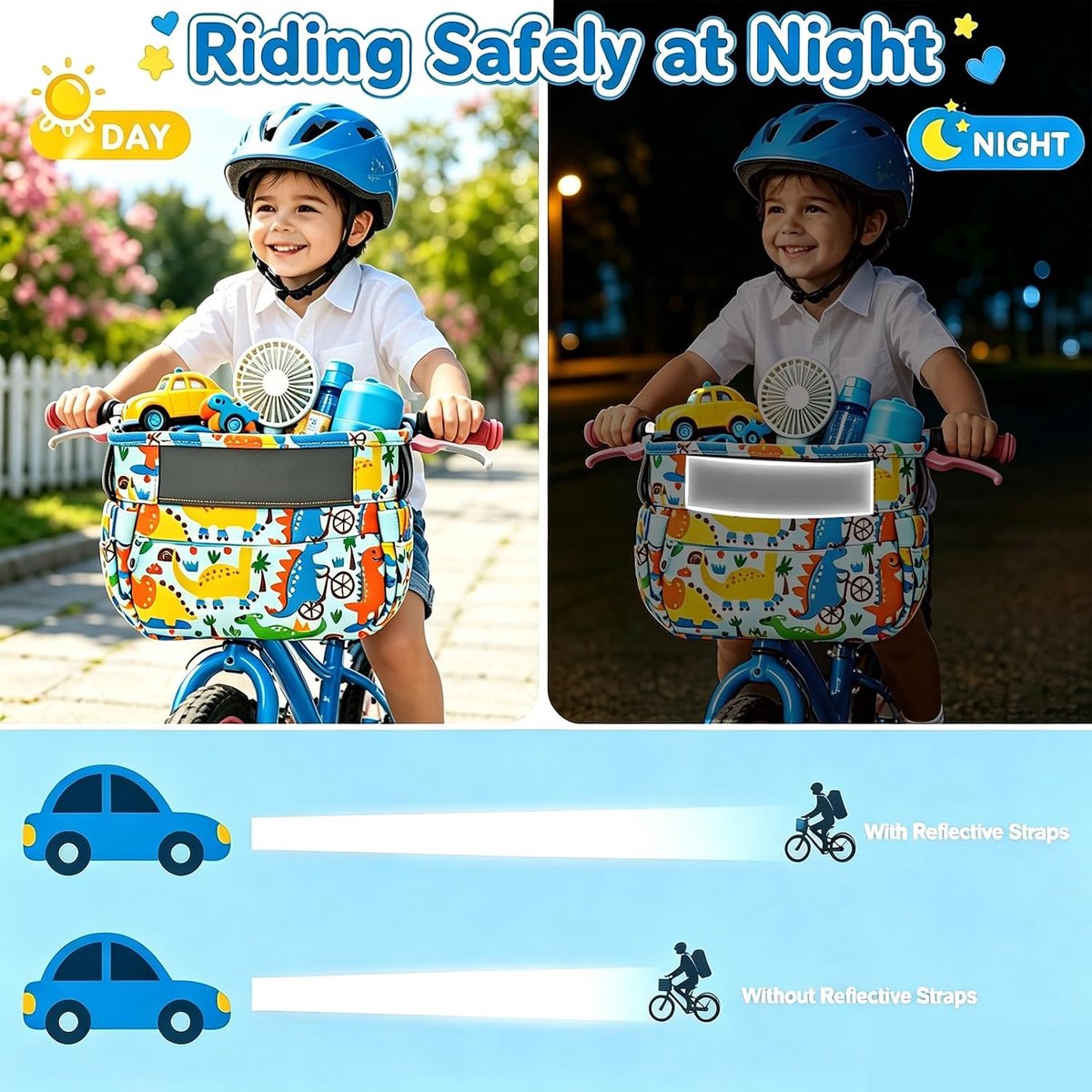 SnelShoppen - Kinderfietsmand 600D Oxford Waterdichte Stuurtas met 3 Riemen en Reflecterende Strepen - Fietsmand voor Loopfietsen, Scooters en Driewie