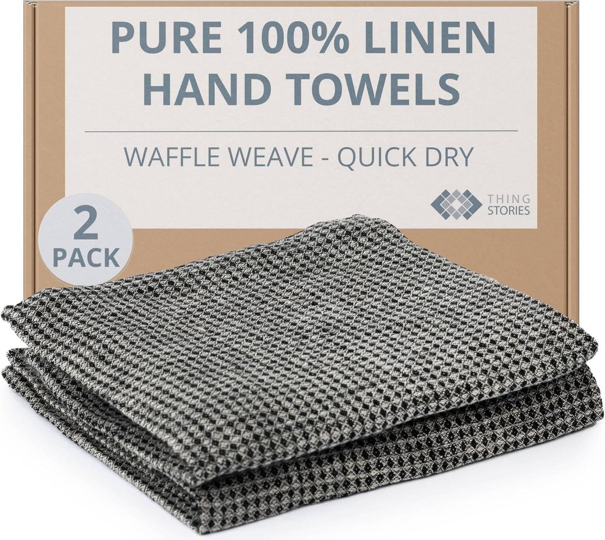 SnelShoppen - Set van 2 Luxe 100% Linnen Keukenhanddoeken Wafelstructuur Zwart-Natuurlijk - 33 x 74 cm Zachte Lichtgewicht Steenzachte Theedoeken - Sn