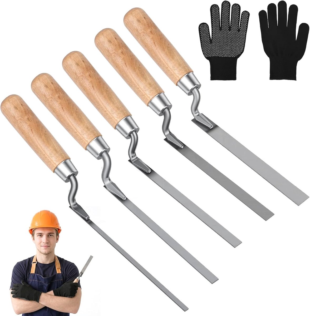 SnelShoppen - 5-delige Voegentroffel Set met Handschoenen, Houten Handvat, 6/8/10/12/15 mm, Metselaargereedschap voor Tegels en Cement, Voeggereedscha