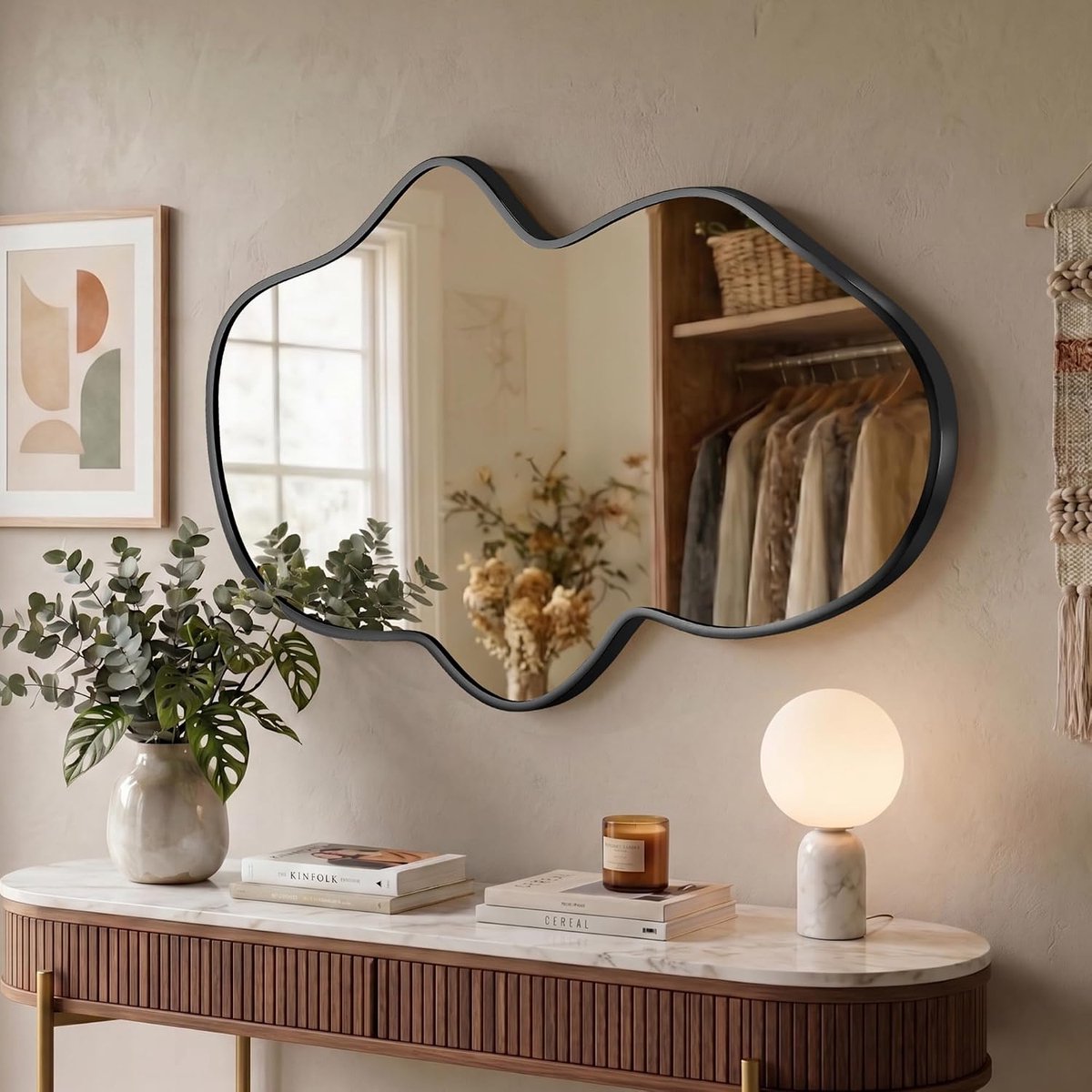 SnelShoppen - Wandspiegel met metalen frame in onregelmatige vorm, decoratieve design spiegel voor woonkamer, slaapkamer, studio's en creatieve ruimte