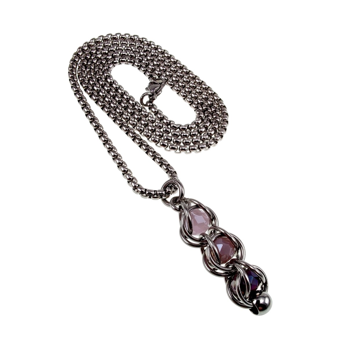 Schakelhanger van Roze en Paarse Kristallen met Ketting, Jasseron-Ketting 60cm x 3mm + Hanger, RVS, Dames - Handgemaakt