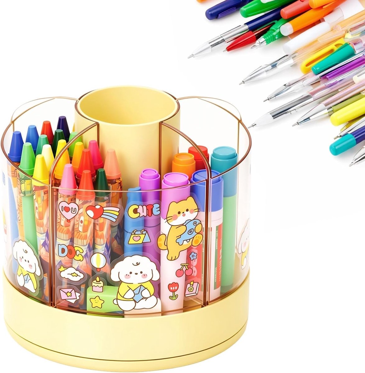 SnelShoppen - Draaibare Pennenorganizer met 6 Vakken, Gele Pennenkoker, Afneembare Pennenhouder, Bureauopslag voor Kantoor, Thuis en School