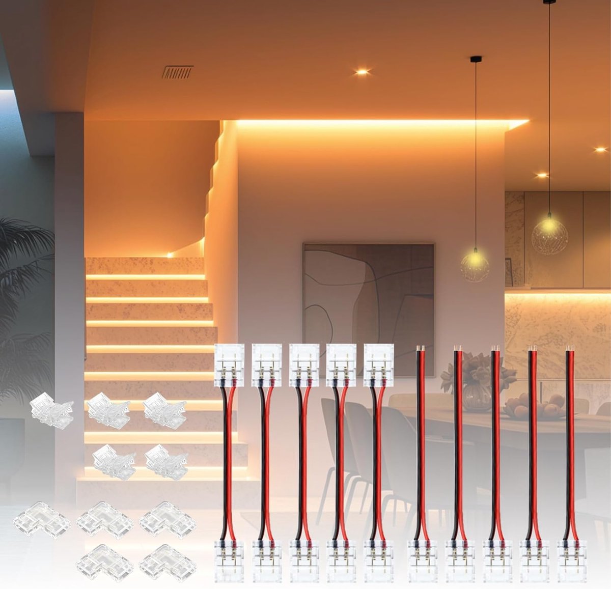 SnelShoppen - LED Strip Aansluitset 8mm 2-Pin Connector, Voedingsplug, Verlengkabel 2-Pole LED Hoekconnector voor 8mm LED Strips en COB Verlichting
