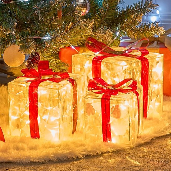 Foto: Led kerstcadeau set van 3 met afstandsbediening rood