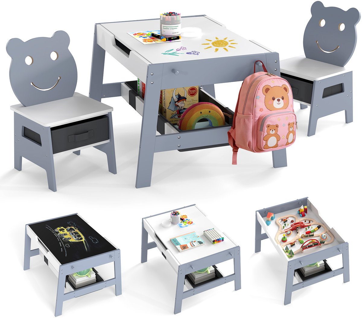 COSTWAY Kindertafel met 2 stoelen in berenvorm, schildertafel 5-in-1 met omkeerbaar bord, whiteboard, 4 haken en stoffen containers, kinderzitgroep met opbergruimte voor kinderen vanaf 3 jaar, grijs