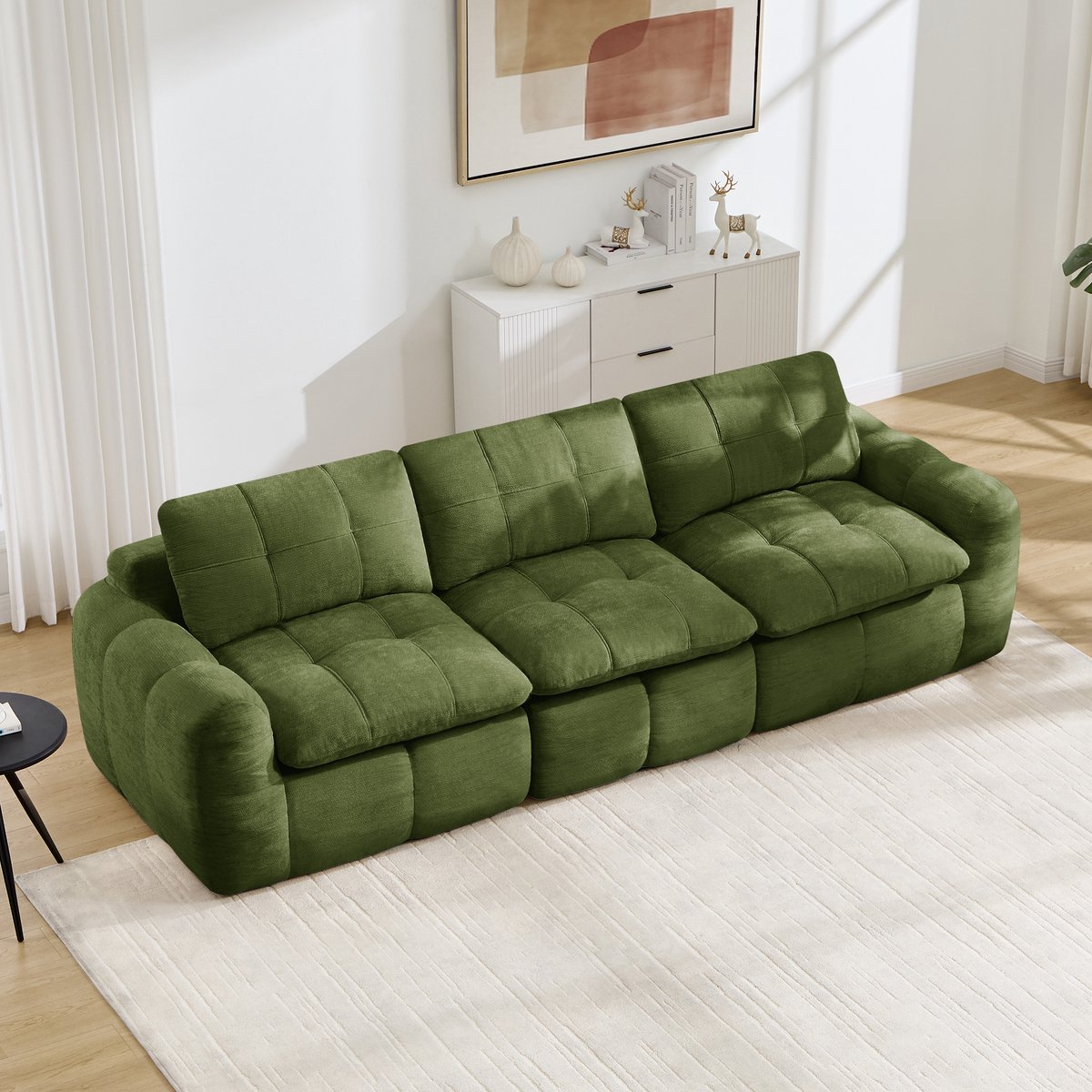 Modulaire 3-Zitsbank, 3-Zits Frameloze Modulaire Bank Met Ruitvormig Doorgestikt Patroon, Huidvriendelijke Chenille Bekleding, Ergonomische, Verdikte Zit- En Rugkussens, Comfortabel Om Langdurig Op Te Zitten, Geen Montage Nodig-Groente