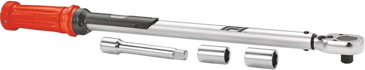 SnelShoppen - Momentsleutel 1/2 vierkant, instelbaar van 40 tot 210 Nm, inclusief verlenging en dopsleutels 17 mm en 19 mm, zilver/rood voor onderhoud