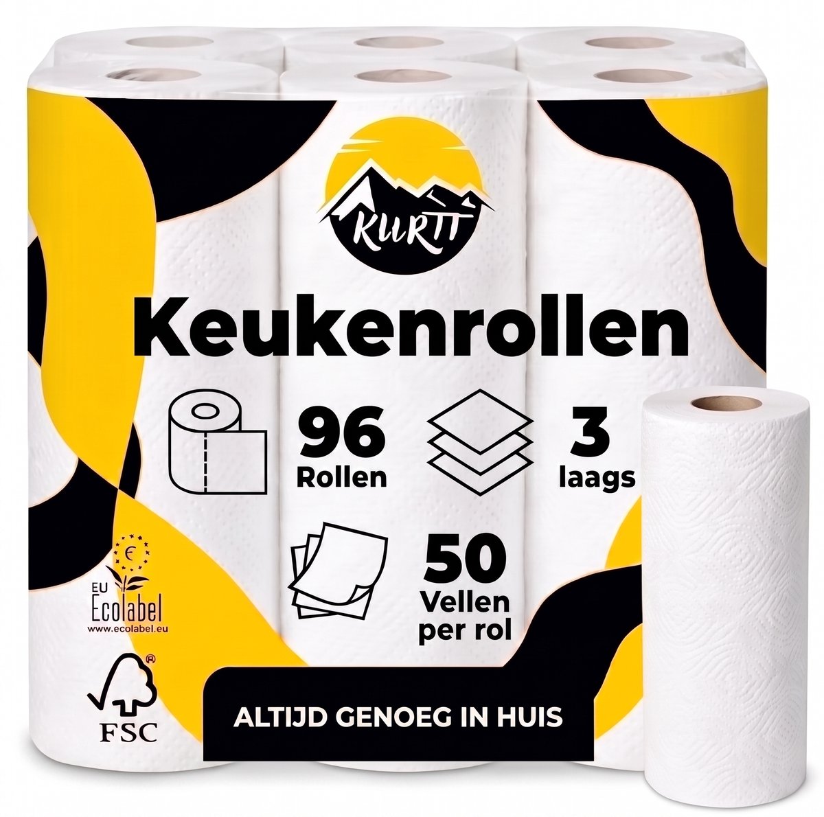 KURTT Keukenrollen ( 3 Laags ) 96 Rollen Voordeelverpakking - Keukenpapier- Vochtvangers - 50 Vellen per Rol - Extra Dik - FSC