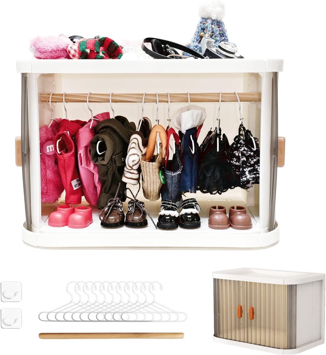 Poppenkledingkast - Poppenkast Organizer - Poppen Kleding Opbergen - Stapelbaar Schuifdeuren - 26.8 x 16.3 x 18.2 cm