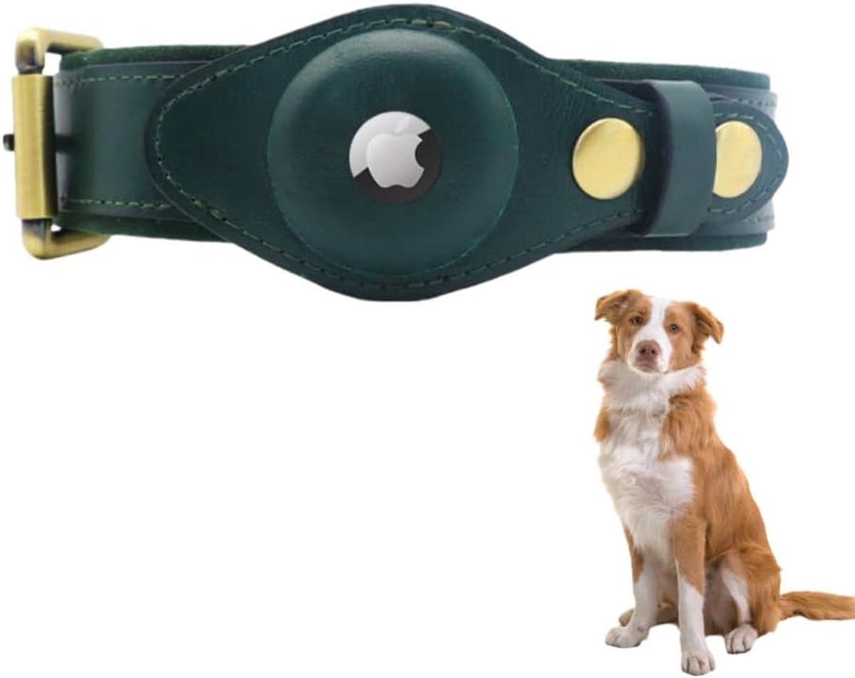 SnelShoppen - Luxe Leren Airtag Hondenhalsband met Padded Padding, Verstelbaar voor Kleine, Middelgrote en Grote Honden (Groen, M)