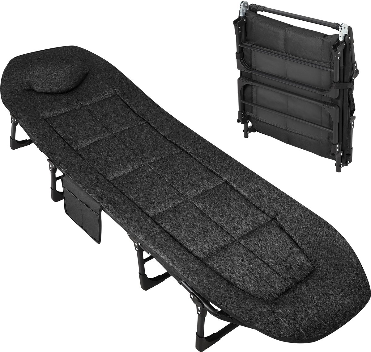 NAVOBIZ Campingbed - Veldbed - Opklapbed - Kampeerbed - Geïntegreerd hoofdkussen - Opbergvak - Verstelbare rugleuning - Zwart
