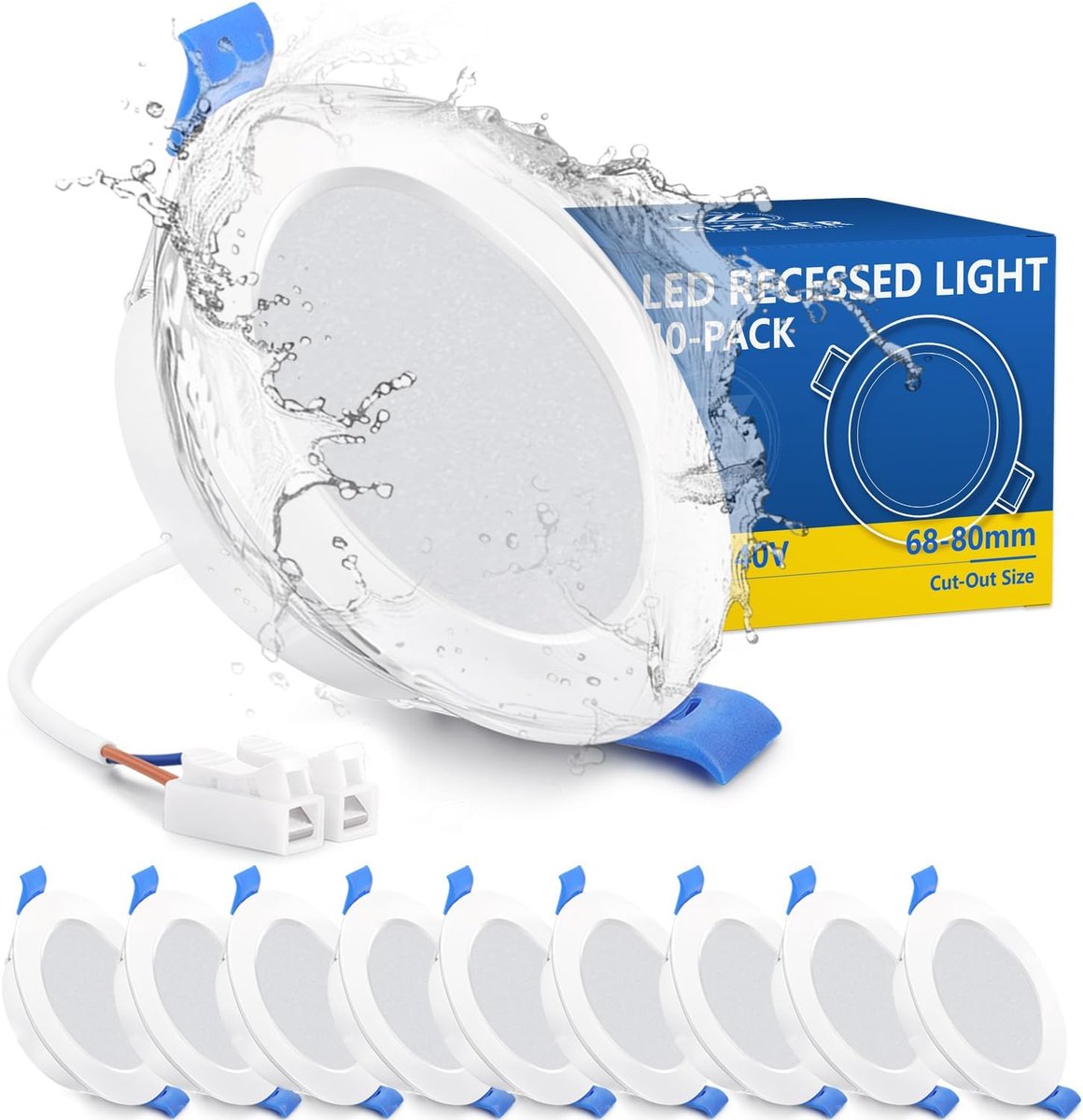 Inbouwspots 230V Plat, Set van 10, 5W Warmwit 3000K, Ø68-80mm Gatmaat, IP44 Badkamerverlichting & Vochtbestendig, Energiezuinige Plafondspots voor Keuken, Slaapkamer, Woonkamer