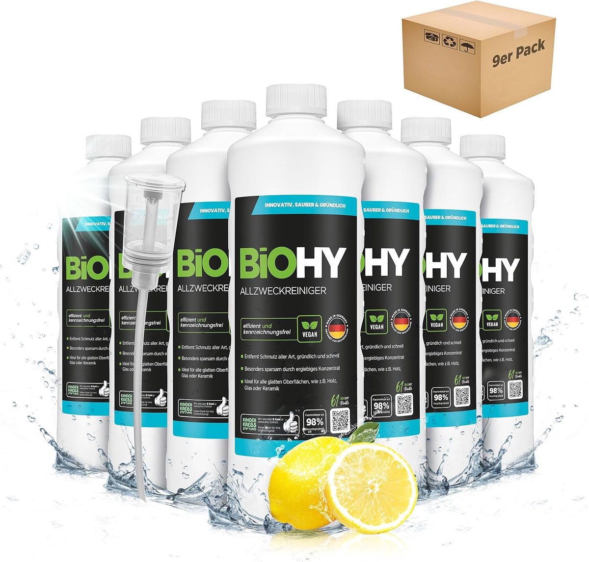 SnelShoppen - BiOHY Allesreiniger (9 x 1l Fles) + Doseer - Milieuvriendelijke Universele Schoonmaker voor Huishouden en Auto - Volledig Biologisch Afb
