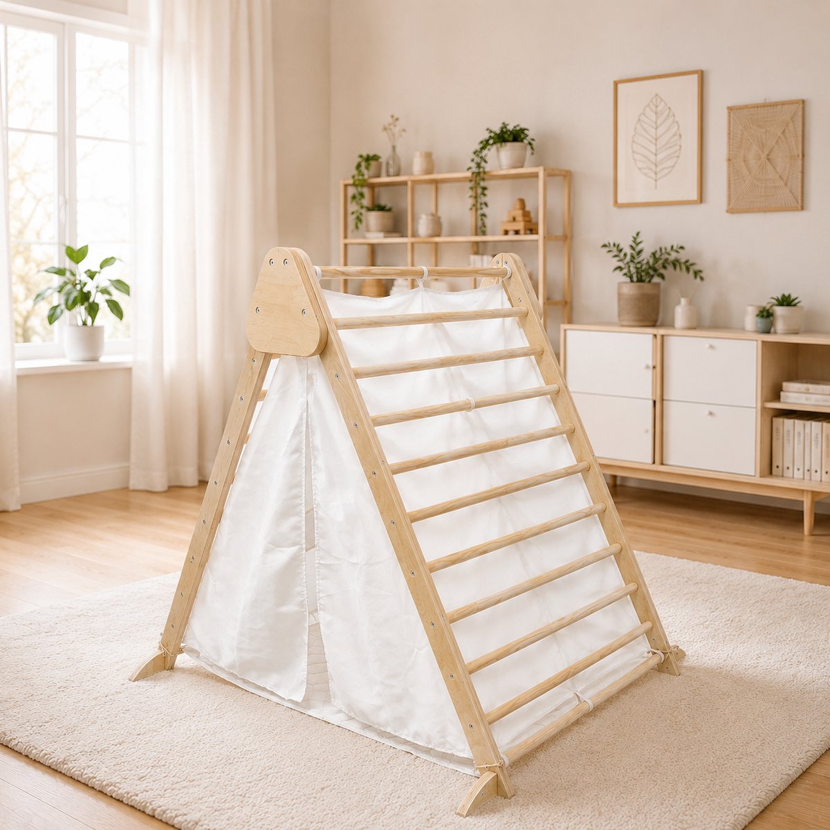Maxx kidz - Houten Klimrek- 2 in 1 - Pikler Speeltoestel voor Binnen - Tipi tent - Klimdriehoek met Doek - Tipi tent met klimrek - Hout Peuter Speelgoed