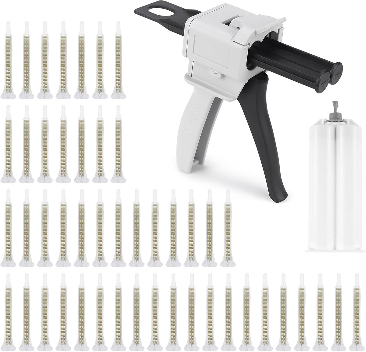 2k lijmpistoolset, 50 ml epoxylijmpistool, 1:1 doseerpistool AB met patroon, 50 stuks statische mengmondstukken voor het extruderen van tweecomponentenlijm, plastic