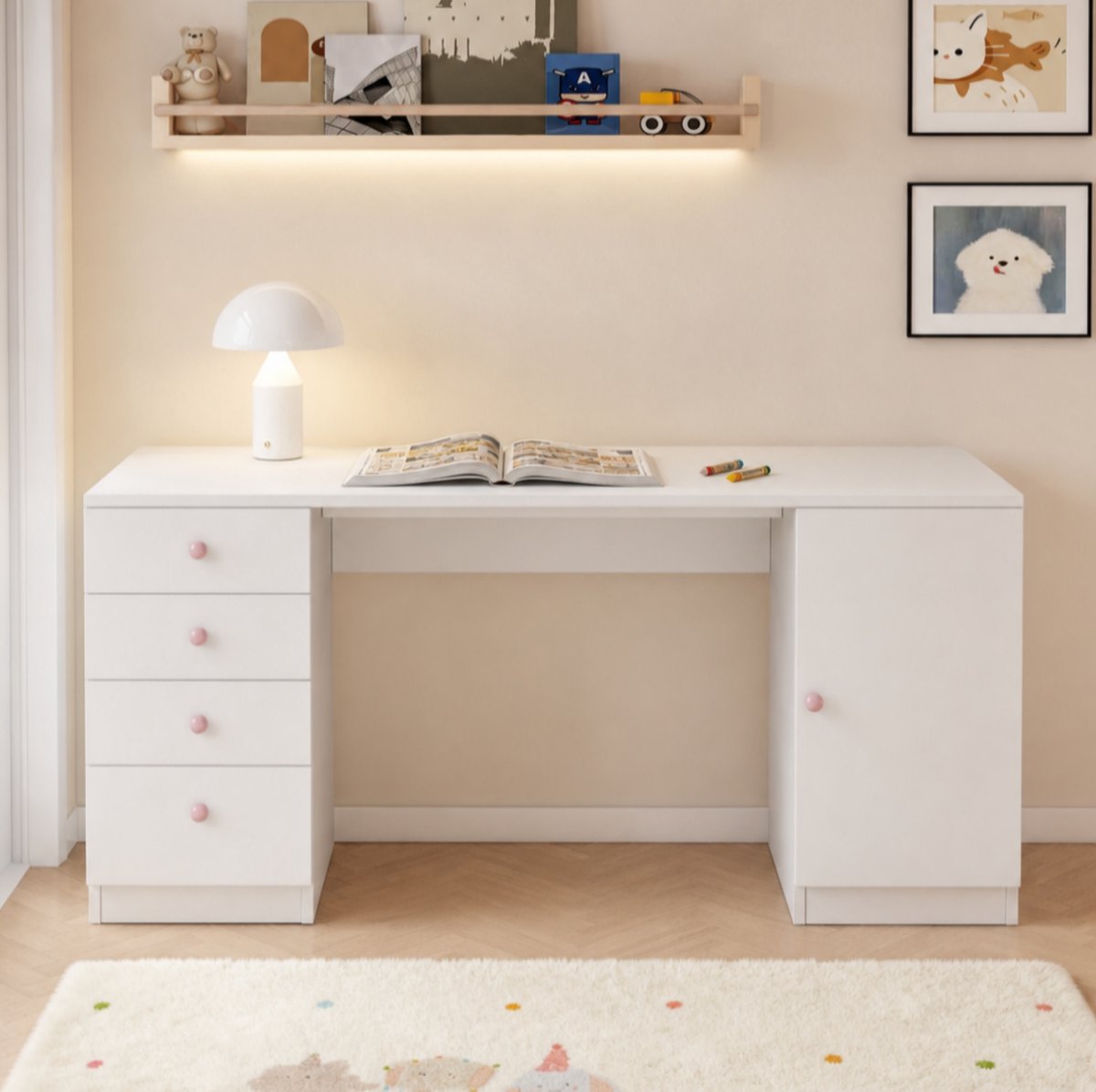 MIVRAY Kinderschreibtisch - Bureau Met Vier Laden En Opbergruimte - Voor Leren En Werken In De Kinderkamer - MDF - Wit - 155x45x75 Cm