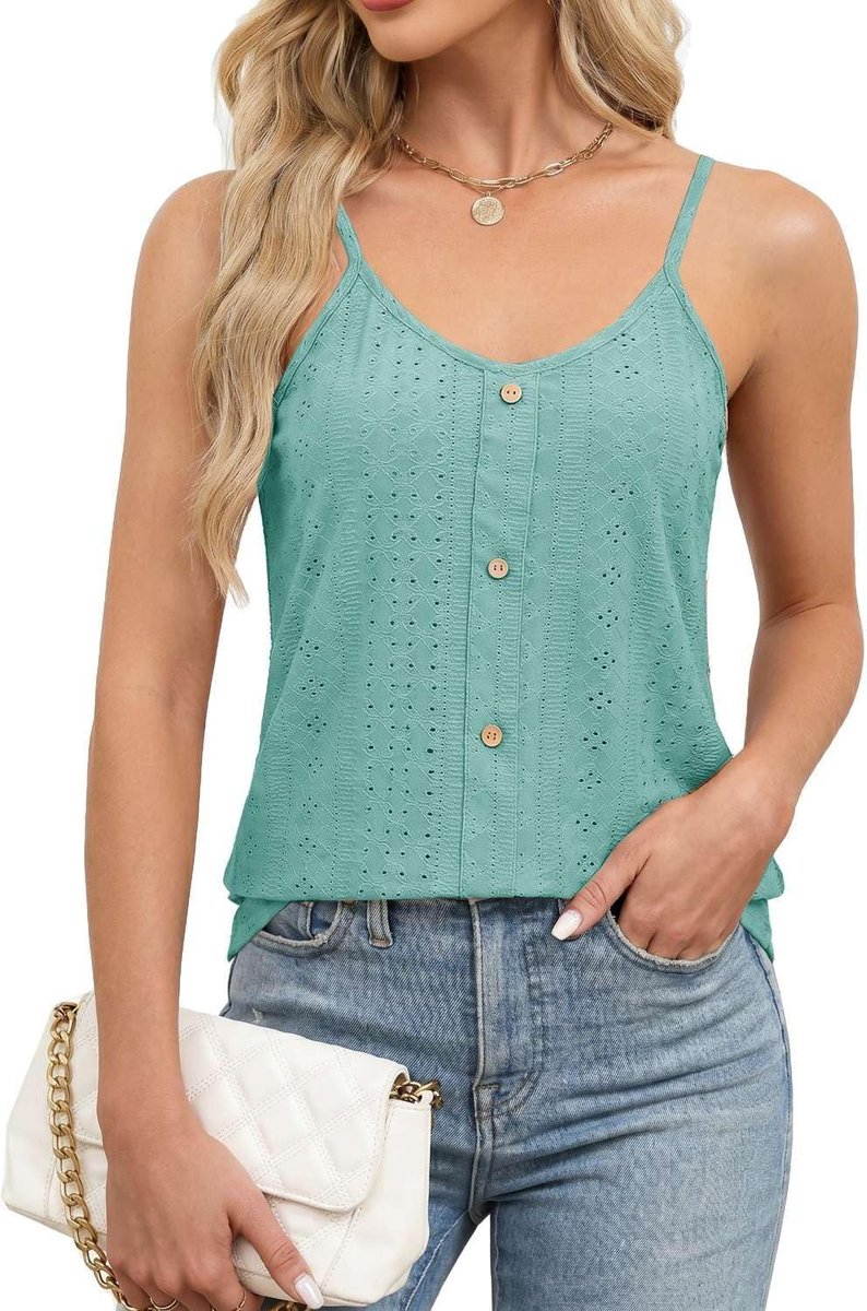 Tanktop voor dames met V-hals, verstelbare bandjes met retro-knoopdetail, ademende zomertop voor business en vrije tijd, nauwsluitende blouse voor dames