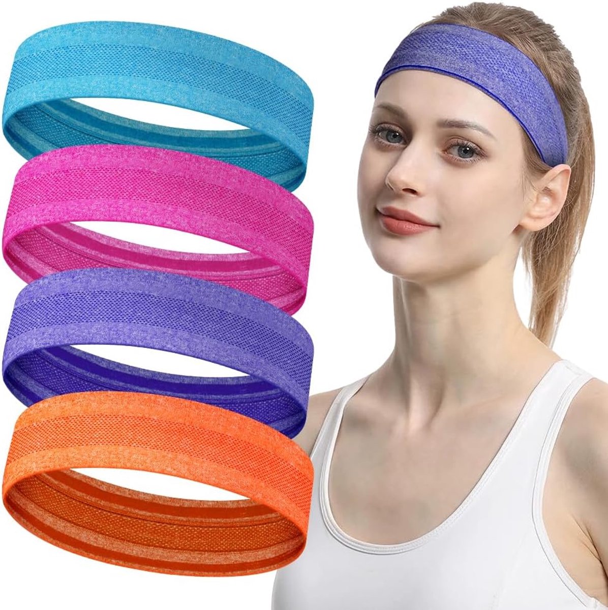 SnelShoppen - Pack van 4 Sporthoofdbanden, Meerdere Kleuren, Non-Slip, Stretch, Geschikt voor Fitness, Yoga, Hardlopen, Fietsen voor Dames en Meisjes