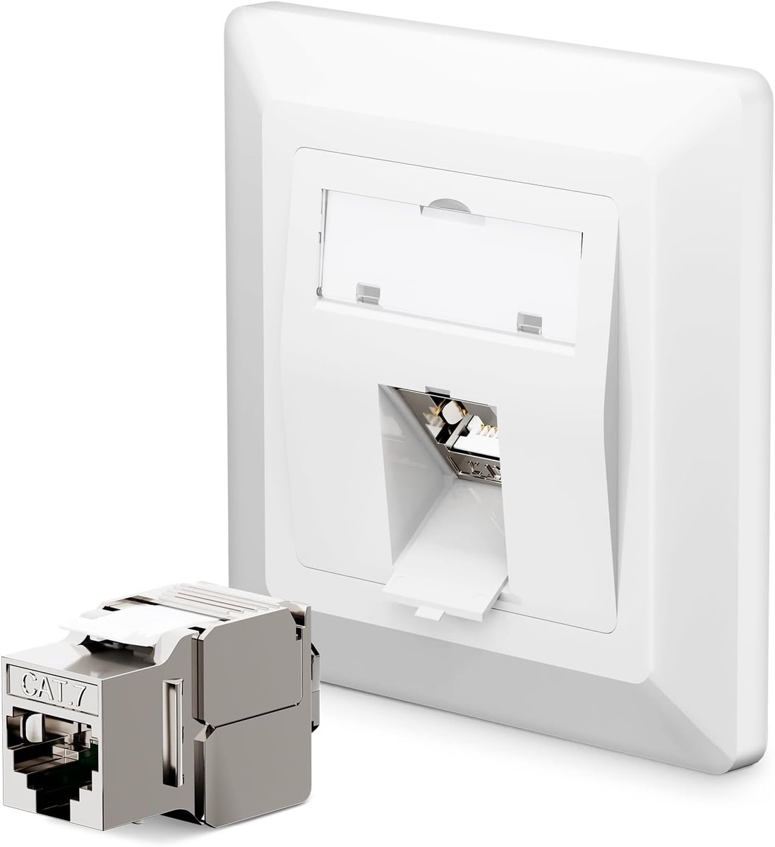 1 x 1-poort CAT 7 netwerkcontactdoos inbouw + 1 x CAT 7 Keystone RJ45-module, LAN ethernet-contactdoos, inbouwbus 10 Gbit/s, wit