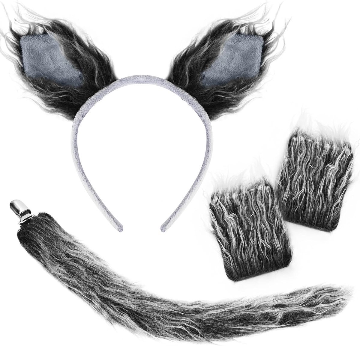 Dierenwolfkostuumset, oren en wolvenstaart, wolvenband, wolfshoofd, pluizige poten, staart voor dierenkostuum, cosplay, verjaardag, Halloween, kostuum, feestkostuum