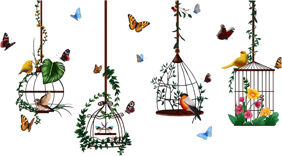 Muurstickers met tropische vogels, decoratief, bloemen, planten