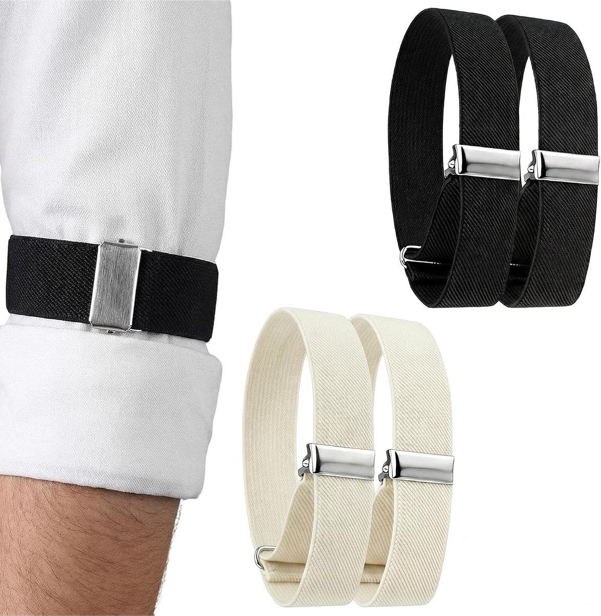 4 stuks mouwhouders, verstelbare antislip armbanden, elastische shirt houders voor mannen en vrouwen (zwart en wit)