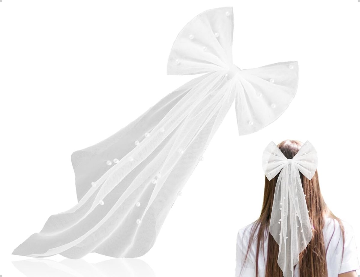 korte en elegante sluier, tule strik, haarsieraad met parels en clip, ideaal voor vrijgezellenfeesten en bruiloften (wit)