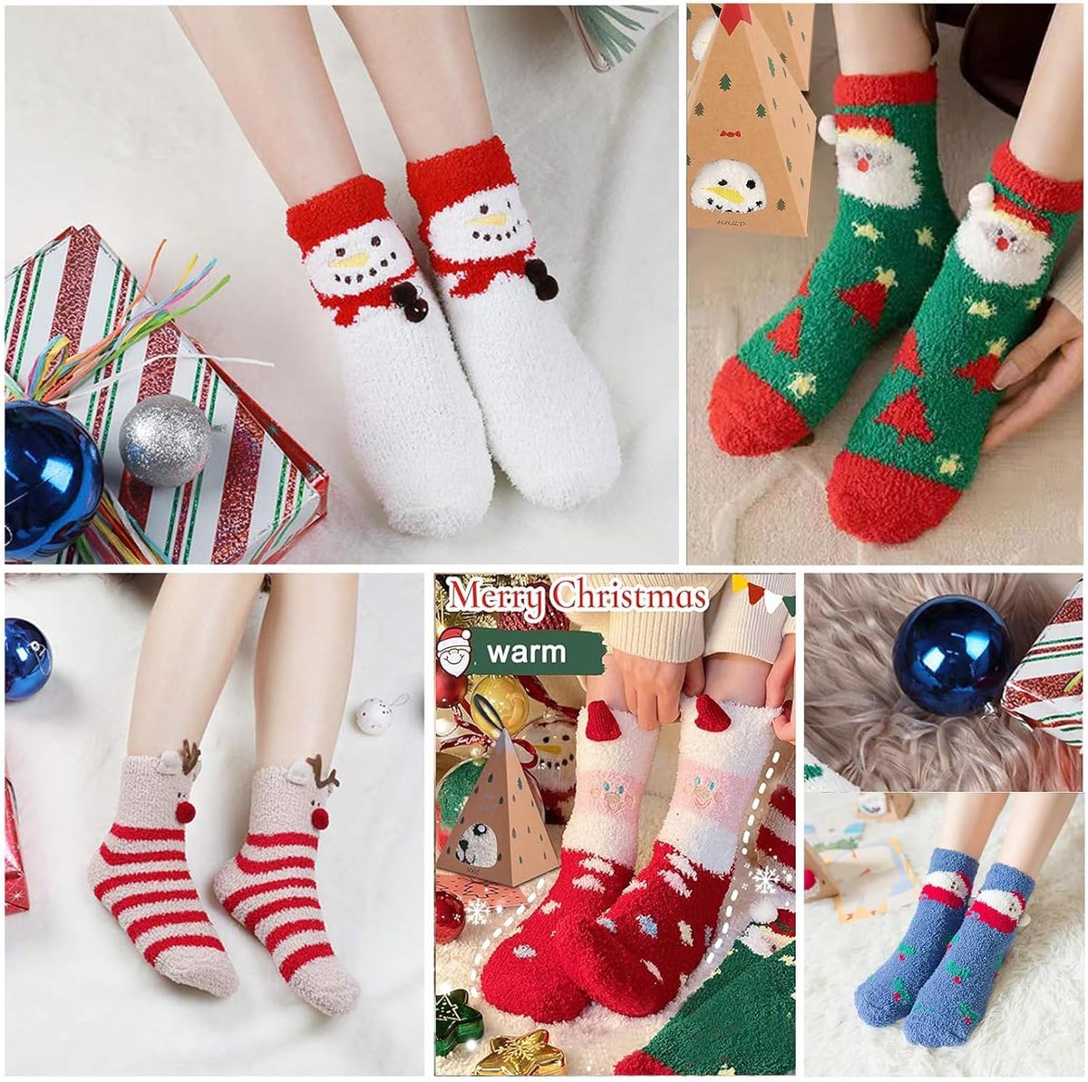 5 paar kerstsokken, knuffelsokken voor dames, kerstsokken, wollige sokken, wintersokken, warm, grappige slaapsokken, huissokken, kerstcadeau (eenheidsmaat)
