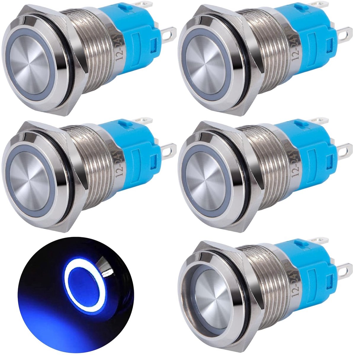 Drukknop, vergrendeling, 16 mm, drukknopschakelaar, 12 V/24 V, DC 3 A, waterdicht, drukknopschakelaar van verchroomd messing, met ledlicht, ring, blauw, 5 stuks