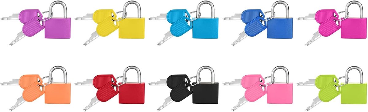 SnelShoppen - 10 Stuks Kofferslot met Sleutel, Kleine Hangslot, Bagageslot, Reis Slot, Rugzakslot, Kleurvast Metaal Hangslot voor Reis, Rugzak, Fitnes