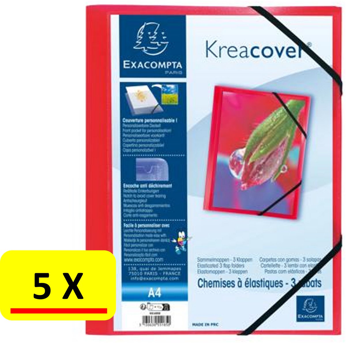5 x Elastomap Exacompta Kreacover * 3-kleps * A4 * PP kunststof * rood