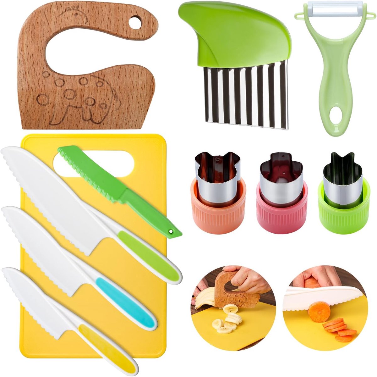Kindermessen set 11 delig - keukenmessen voor peuters - snijplank en houten mes - SnelShoppen