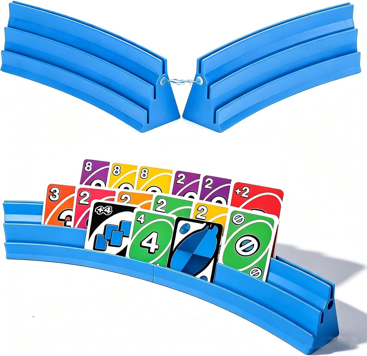 4 blauwe speelkaarthouders met magneet, 3-traps kaarthouder voor UNO, poker, bridge en Canasta, handsfree kaarthouder voor volwassenen en senioren