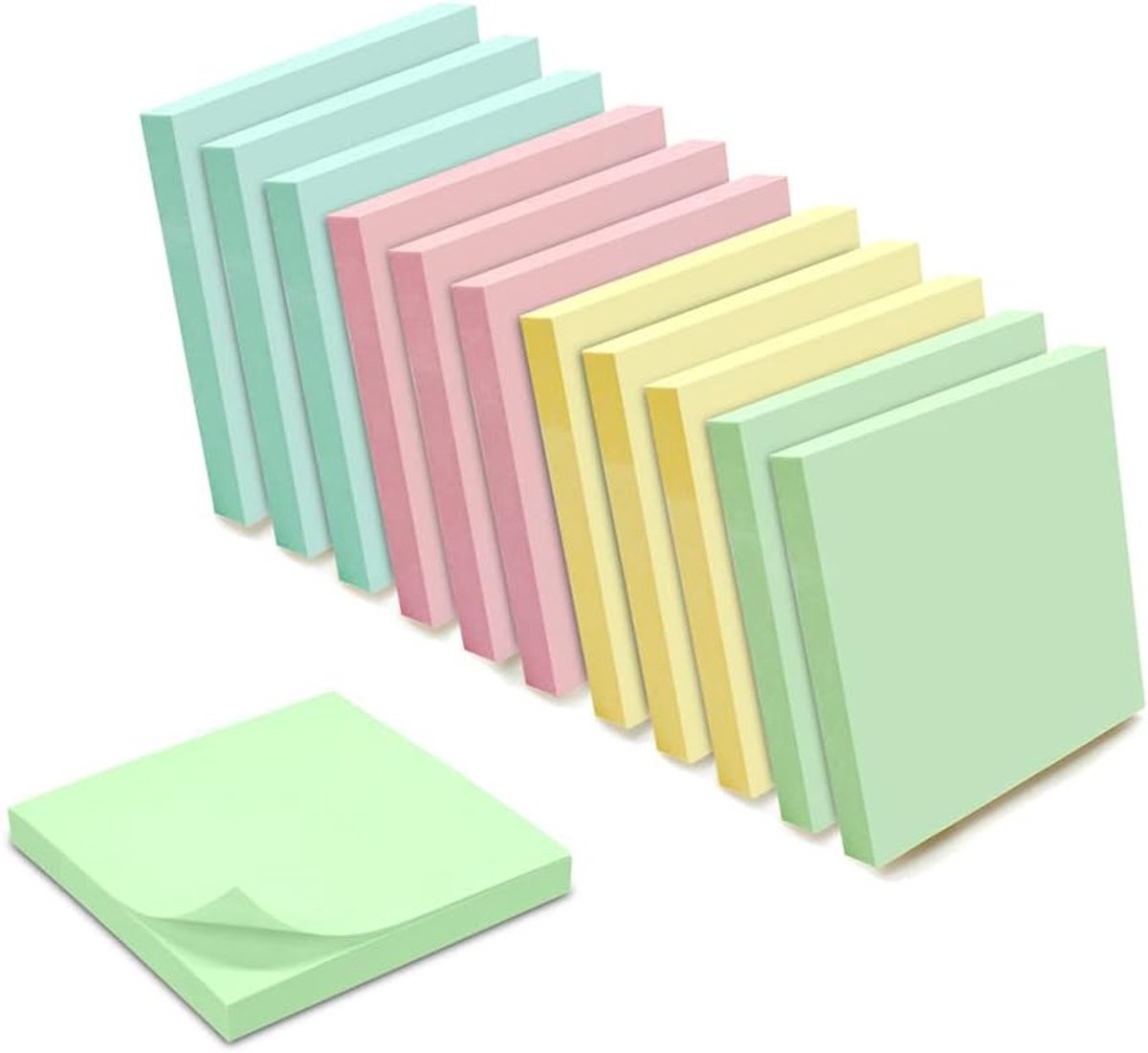 Zelfklevende zelfklevende notities, herbruikbaar, verschillende pastelkleuren, 12 blokken met elk 100 vellen, 75 x 75 mm, geel, blauw, roze, groen, 1200 stuks