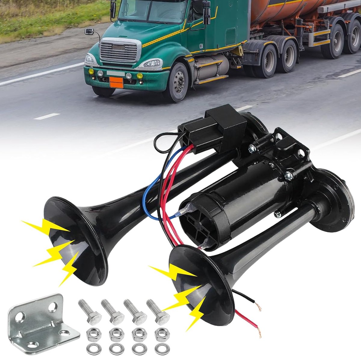 12 V vrachtwagenhoorn, dubbele buis, super luid, autoclaxon, LWK met compressor, persluchthoornset voor auto, trein, boot, auto, bestelwagen