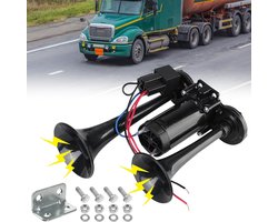 12 V vrachtwagenhoorn, dubbele buis, super luid, autoclaxon, LWK met compressor, persluchthoornset voor auto, trein, boot, auto, bestelwagen