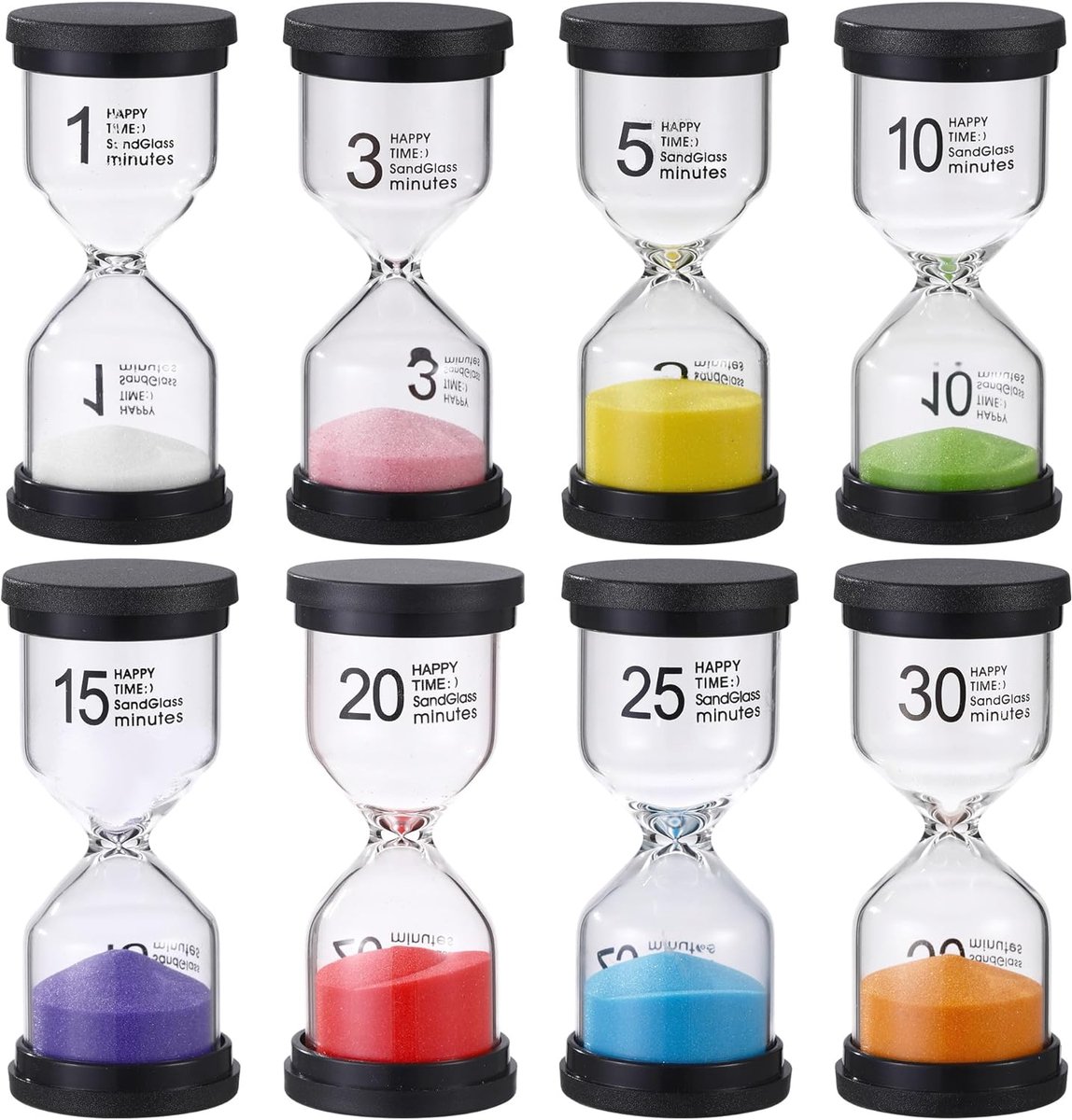 8 stuks kleurrijke zandlopers voor kinderen, kleurrijke zandloperset 1/3/5/10/15/20/25/30 minuten, de zandloper voor kinderen is geschikt voor kinderleven, leren, speeltijd, keuken, kantoor