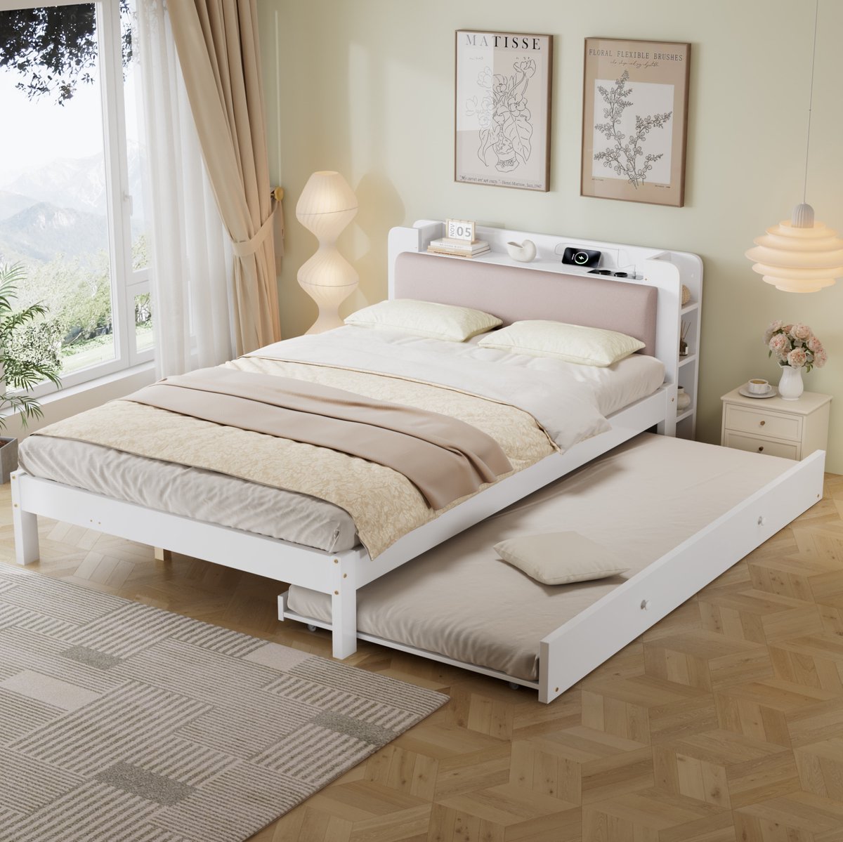 FloraGrace Bed 120x200cm Met Uitziehbed 90x190cm - Soft Hoofdbord Met Opbergplank En Laadstation - Hout En MDF - Wit - Zonder Matras