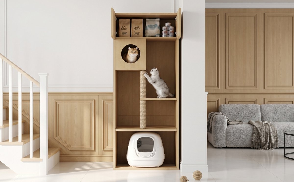 MIVRAY Krabmeubel - Kattenkast Met Krabpaal En Kattenhol - Opbergkast Voor Kattenbak En Accessoires - MDF - Natuurlijk - 80 X 45 X 193 Cm