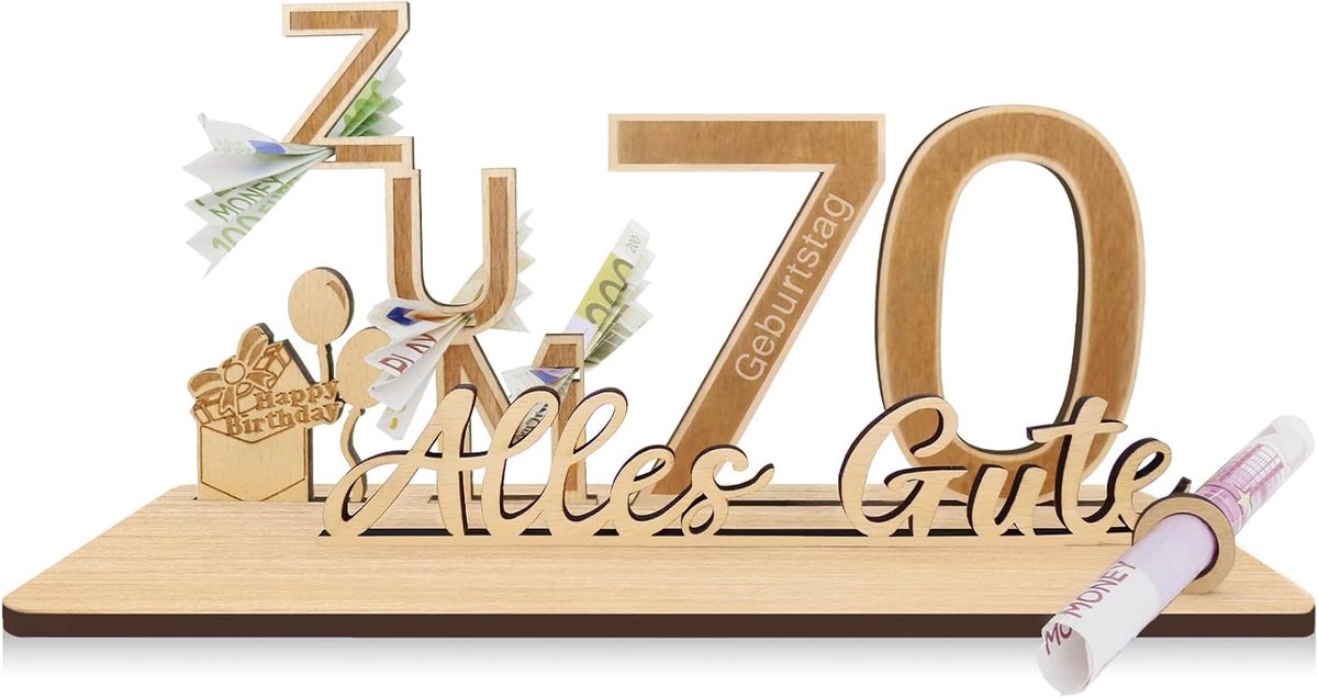 Geldcadeaus voor 70e verjaardag, 25 x 13 x 12 cm, houten decoratie