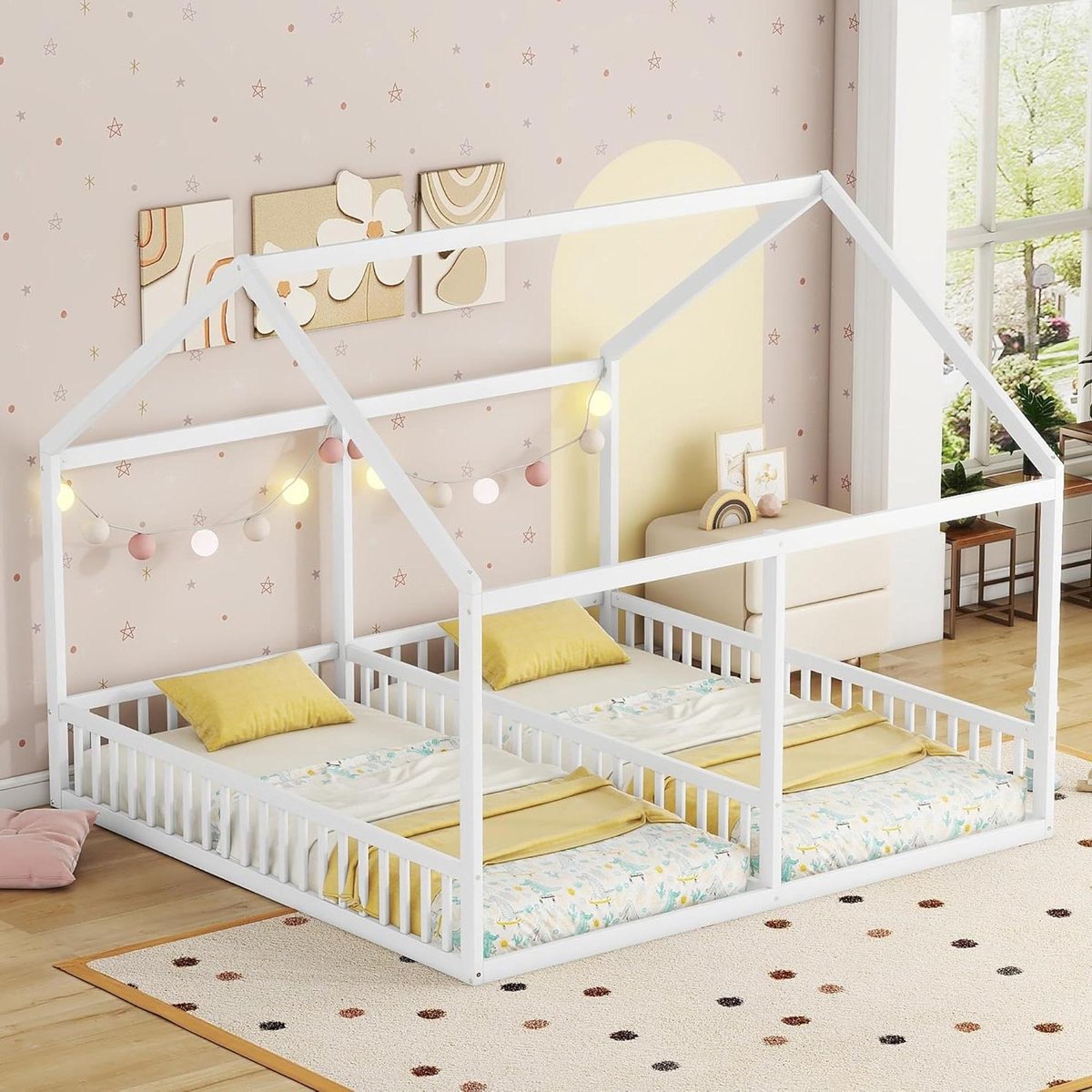 Kinderbed 2-in-1 - Stapelbed Huis model - Kinderkamer Inrichting - Met Huisje Dak - 90 x 200 cm - Wit