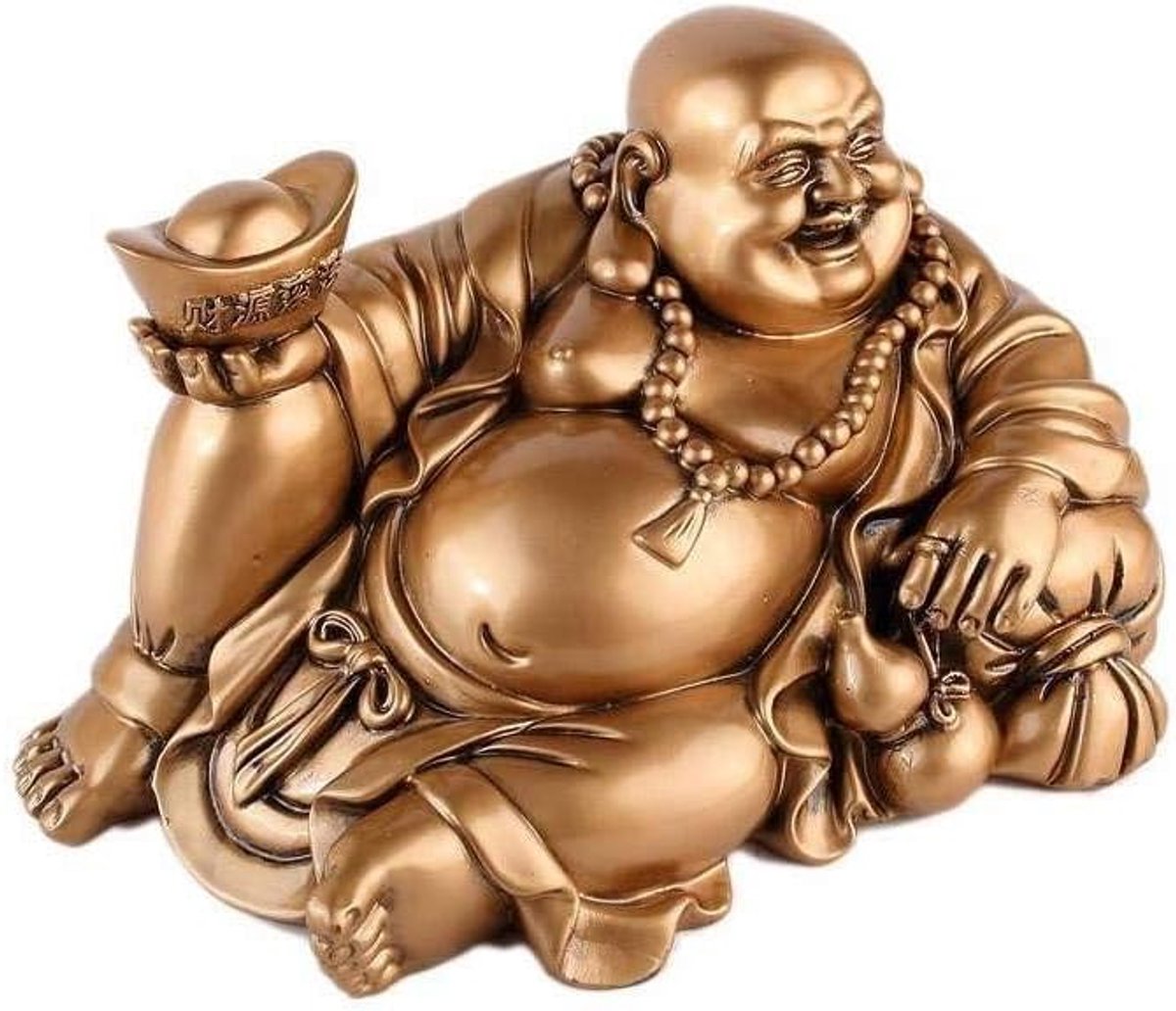 lachineuse - Lange Lachende Grote Boeddha Beeldje - Boeddhistische tradities - Yuan Bao Lingot, Wu Lou Drinkfles - Geluksbrenger, Geluk, Fortuin - Gouden Hars Standbeeld 14 cm - Decoratief Idee &