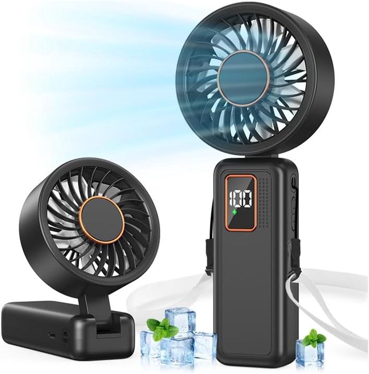 6000mAh Draagbare Ventilator, 5 Snelheden, USB-Ventilator met LCD-Scherm, 120° Verstelbare 3-in-1 Mini Ventilator, Stille Ventilator voor Kantoor, Slaapkamer, Reizen en Buitengebruik